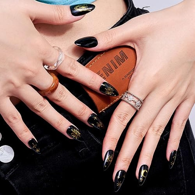 Press on Nails Medium - GLAMERMAID 수제 젤 고딕 블랙 젤리 젤 접착제, 썬 갤럭시 디자인, 짧은 아몬드 재사용 가능 24Pcs UV 마감 가짜 손톱 아크릴 거짓 손톱 매니큐어 키트 여성용 선물