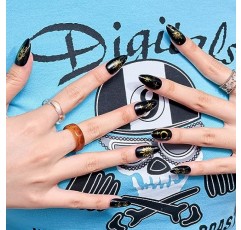 Press on Nails Medium - GLAMERMAID 수제 젤 고딕 블랙 젤리 젤 접착제, 썬 갤럭시 디자인, 짧은 아몬드 재사용 가능 24Pcs UV 마감 가짜 손톱 아크릴 거짓 손톱 매니큐어 키트 여성용 선물