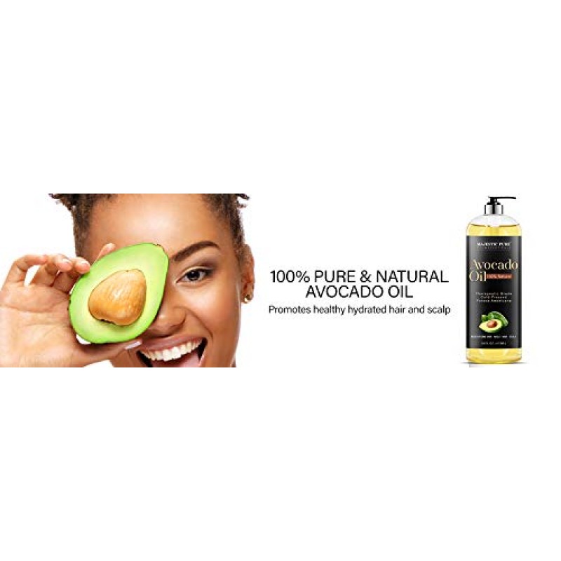 MAJESTIC PURE 아보카도 오일 - 100% 순수 천연, 냉간 압착, 피부 관리, 마사지, 헤어 관리 및 에센셜 오일 희석을 위한 캐리어 오일, 16 fl oz