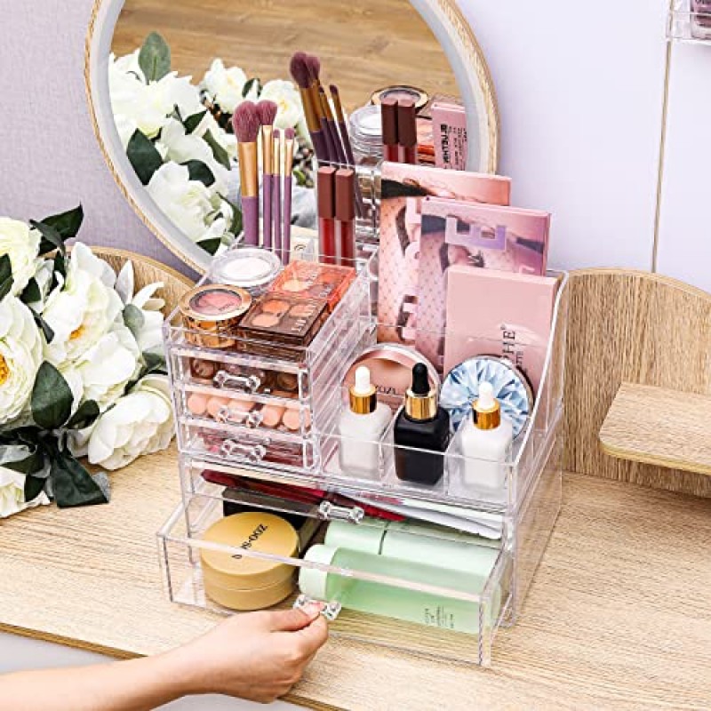 서랍이있는 아크릴 메이크업 주최자, 욕실 수조 보관 디스플레이 상자 케이스, 쥬얼리 헤어 액세서리 용 쌓을 수있는 화장품 홀더 뷰티 스킨 케어 제품 정리, 투명