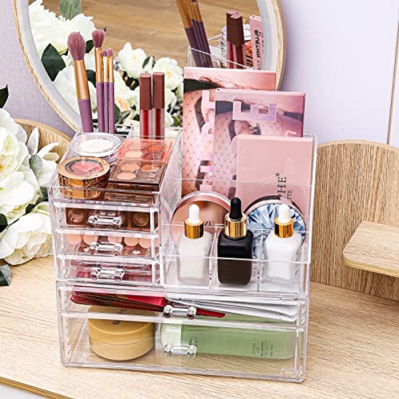 서랍이있는 아크릴 메이크업 주최자, 욕실 수조 보관 디스플레이 상자 케이스, 쥬얼리 헤어 액세서리 용 쌓을 수있는 화장품 홀더 뷰티 스킨 케어 제품 정리, 투명
