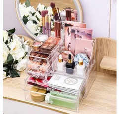 서랍이있는 아크릴 메이크업 주최자, 욕실 수조 보관 디스플레이 상자 케이스, 쥬얼리 헤어 액세서리 용 쌓을 수있는 화장품 홀더 뷰티 스킨 케어 제품 정리, 투명