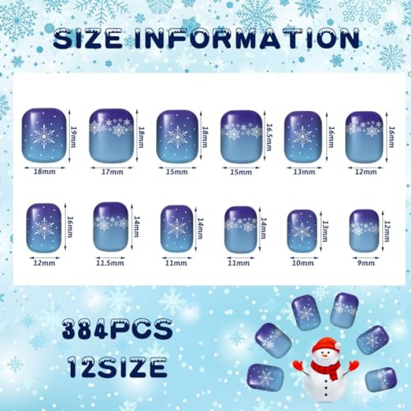 384 Pcs 가을 추수 감사절 크리스마스 프레스 손톱 가짜 손톱 인공 가짜 손톱 팁 여성용 전체 커버 (눈송이)