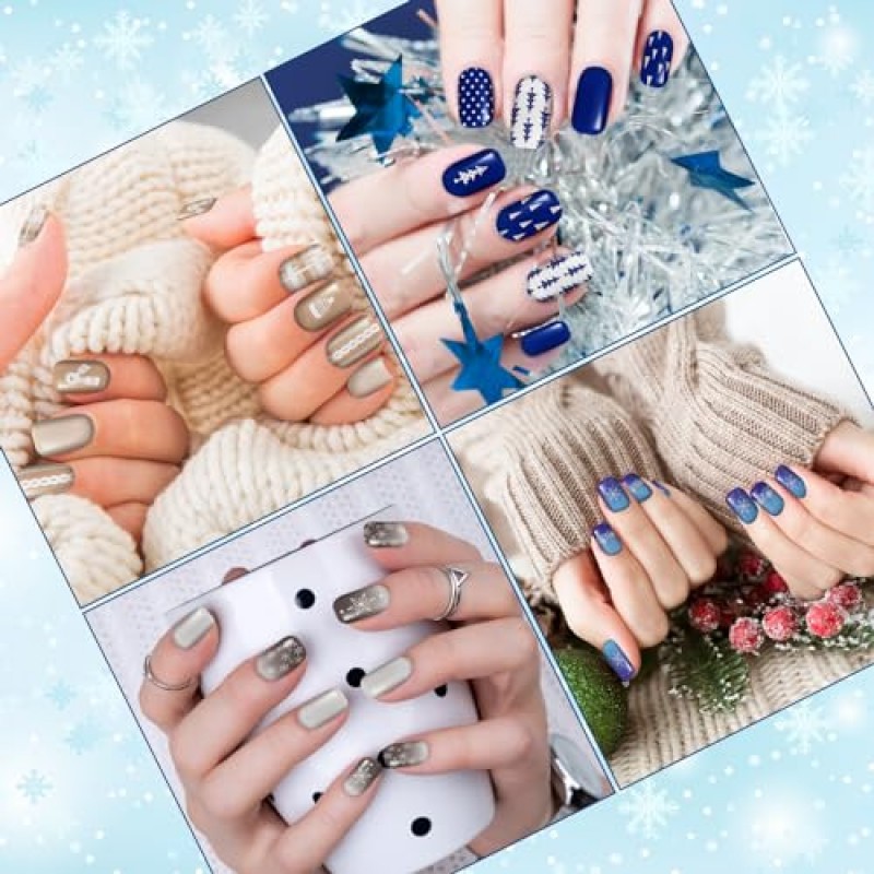 384 Pcs 가을 추수 감사절 크리스마스 프레스 손톱 가짜 손톱 인공 가짜 손톱 팁 여성용 전체 커버 (눈송이)