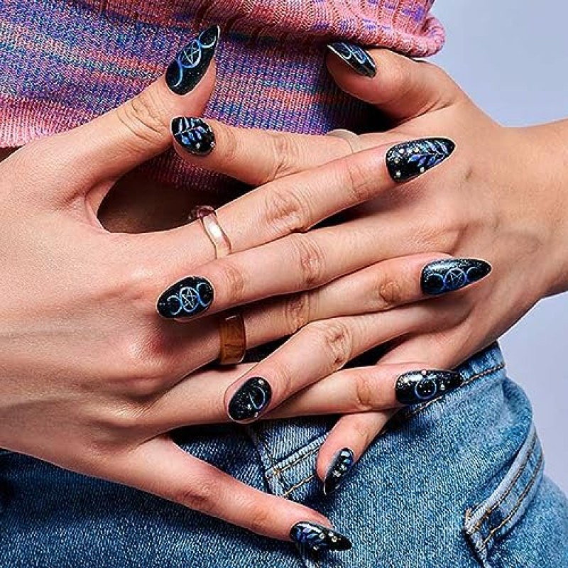 GLAMERMAID Press on Nails 중간, 라인스톤이 있는 손톱에 수제 고딕 블랙 접착제, 24Pcs 짧은 Squoval 아크릴 거짓 네일 키트 여성용 스틱 가짜 손톱 재사용 가능한 전체 커버 젤 네일