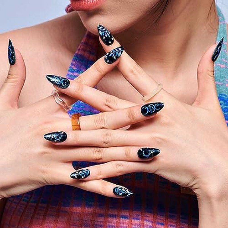 GLAMERMAID Press on Nails 중간, 라인스톤이 있는 손톱에 수제 고딕 블랙 접착제, 24Pcs 짧은 Squoval 아크릴 거짓 네일 키트 여성용 스틱 가짜 손톱 재사용 가능한 전체 커버 젤 네일