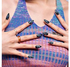 GLAMERMAID Press on Nails 중간, 라인스톤이 있는 손톱에 수제 고딕 블랙 접착제, 24Pcs 짧은 Squoval 아크릴 거짓 네일 키트 여성용 스틱 가짜 손톱 재사용 가능한 전체 커버 젤 네일