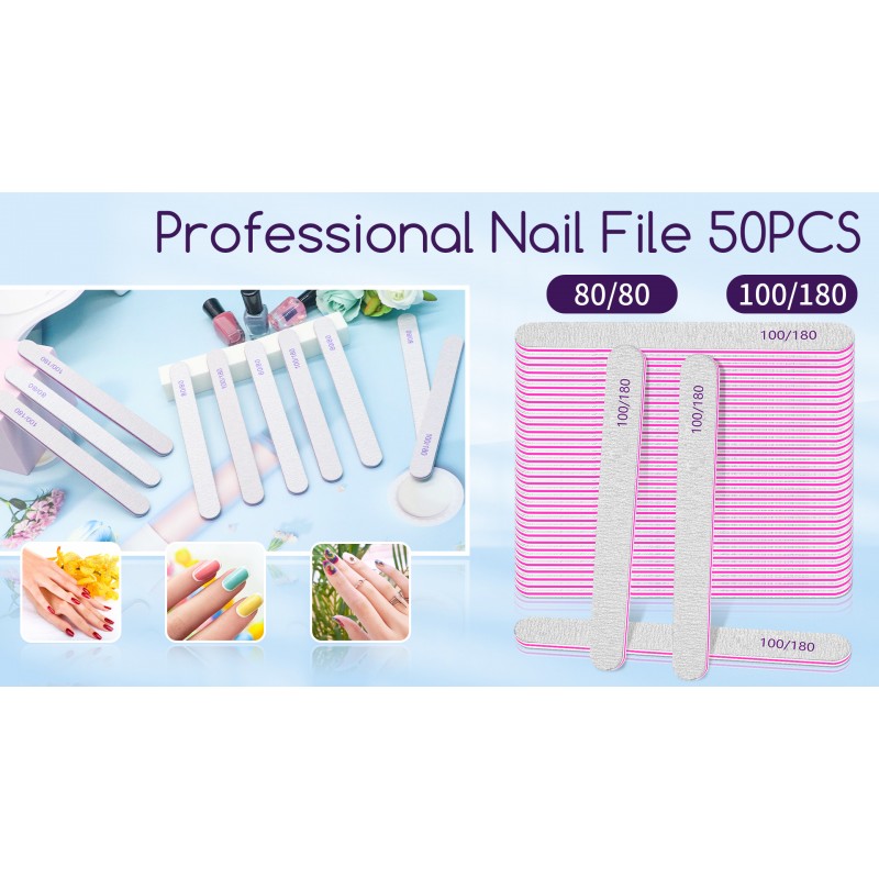 BLESWIN 네일 파일 100/180 그릿, 50개 네일 파일 네일용 벌크 에머리 보드, 천연 아크릴 네일용 전문 네일 파일 젤 네일, DIY 살롱 사용을 위한 재사용 가능한 양면 네일 파일