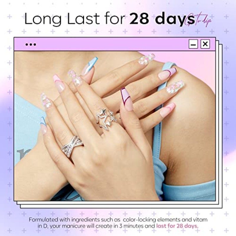 Modelones 4 가지 색상 딥 파우더 네일 스타터 키트, 2023 봄 트렌디 라일락 퍼플 블루 핑크 버터 플라이 글리터 디핑 파우더 세트, 프렌치 네일 아트베이스 탑 코트 액티베이터 에센셜 리퀴드 매니큐어 DIY 살롱