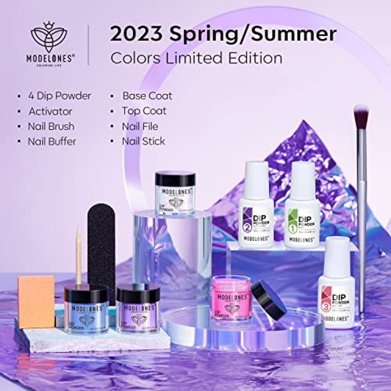 Modelones 4 가지 색상 딥 파우더 네일 스타터 키트, 2023 봄 트렌디 라일락 퍼플 블루 핑크 버터 플라이 글리터 디핑 파우더 세트, 프렌치 네일 아트베이스 탑 코트 액티베이터 에센셜 리퀴드 매니큐어 DIY 살롱