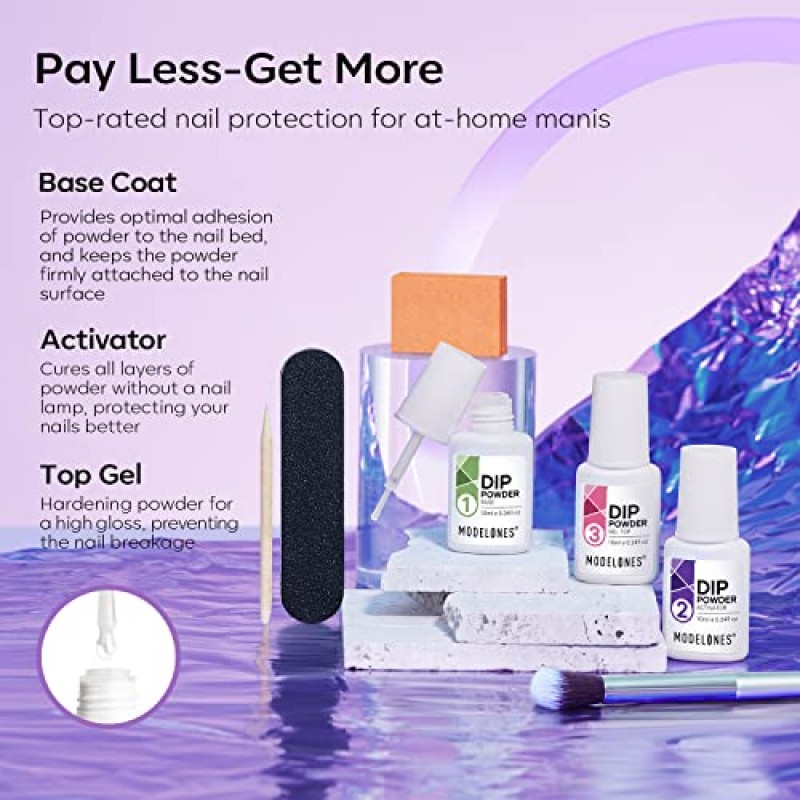 Modelones 4 가지 색상 딥 파우더 네일 스타터 키트, 2023 봄 트렌디 라일락 퍼플 블루 핑크 버터 플라이 글리터 디핑 파우더 세트, 프렌치 네일 아트베이스 탑 코트 액티베이터 에센셜 리퀴드 매니큐어 DIY 살롱