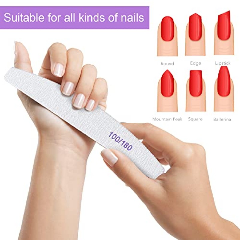 200개 네일 파일 100/180 그릿 양면 에머리 보드 아크릴 손톱용 재사용 가능한 네일 파일 천연 손톱용 전문 매니큐어 도구 아크릴 손톱 가정 및 미용실 용품(부문)