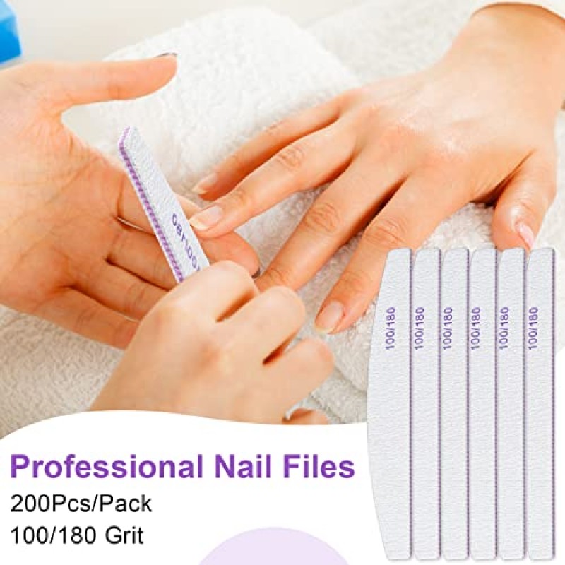 200개 네일 파일 100/180 그릿 양면 에머리 보드 아크릴 손톱용 재사용 가능한 네일 파일 천연 손톱용 전문 매니큐어 도구 아크릴 손톱 가정 및 미용실 용품(부문)