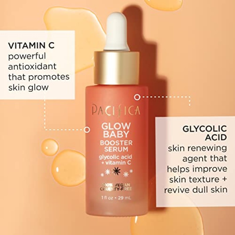 Pacifica Beauty, 얼굴용 글로우 베이비 부스터 세럼, 비타민 C 및 글리콜산, 미백 및 지원, 모든 피부 타입용, 무향, 깨끗한 피부 관리, 비건 및 동물 실험 없음, 1 Fl Oz
