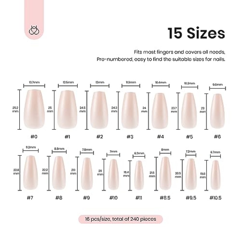 딱정벌레 젤 폴리쉬 240 Pcs 컬러 네일 팁 쉬운 네일 확장을 위한 소프트 젤 풀 커버 네일 팁 15 사이즈 미디엄 코핀 아크릴 네일 디자인 뉴트럴 핑크 가짜 프레스 손톱에 올 시즌 선물