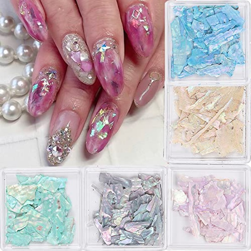 16 색 전복 껍질 조각 네일 반짝이 다채로운 불규칙한 파편 질감 네일 아트 스팽글 데칼 조각 DIY 팁 매니큐어 인어 조각 네일 아트 용 UV 젤 플레이크 네일 장식