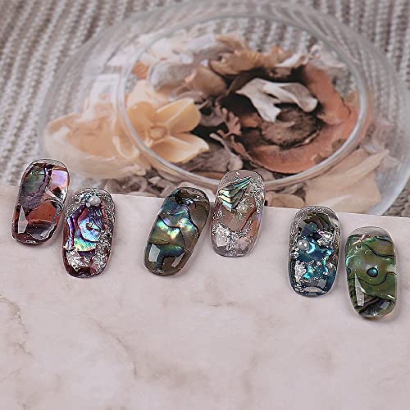 16 색 전복 껍질 조각 네일 반짝이 다채로운 불규칙한 파편 질감 네일 아트 스팽글 데칼 조각 DIY 팁 매니큐어 인어 조각 네일 아트 용 UV 젤 플레이크 네일 장식