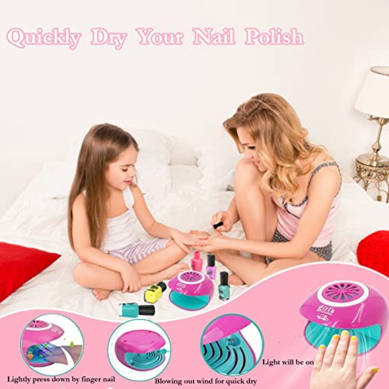 여아용 매니큐어 키트 7-12세, 아동 네일 키트 네일 아트 세트 네일 건조기, 네일 펜, 수납 책상, 아동 매니큐어 세트 여아용 선물, 스파 매니큐어 장식 여아 용품 - 파티 생일 선물