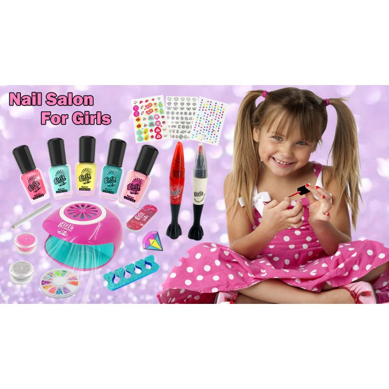 여아용 매니큐어 키트 7-12세, 아동 네일 키트 네일 아트 세트 네일 건조기, 네일 펜, 수납 책상, 아동 매니큐어 세트 여아용 선물, 스파 매니큐어 장식 여아 용품 - 파티 생일 선물