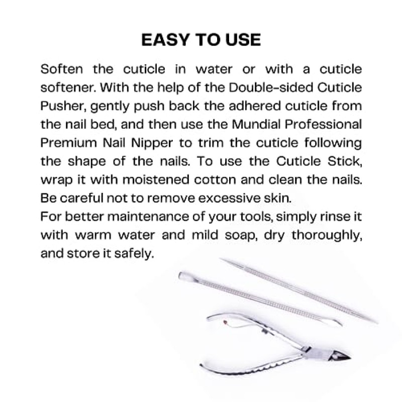네일 케어 세트 MUNDIAL 778-EP - 이중 네일 주걱과 푸셔가 포함된 날카로운 큐티클 니퍼. 매니큐어 및 페디큐어 트리머 키트, 스테인레스 스틸, 오토클레이브 안전