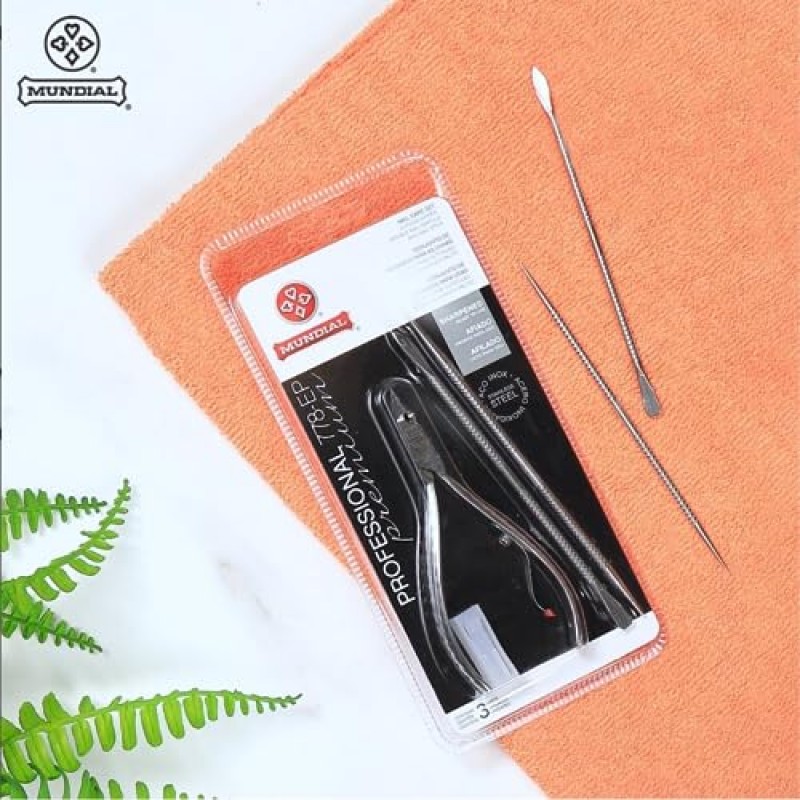 네일 케어 세트 MUNDIAL 778-EP - 이중 네일 주걱과 푸셔가 포함된 날카로운 큐티클 니퍼. 매니큐어 및 페디큐어 트리머 키트, 스테인레스 스틸, 오토클레이브 안전