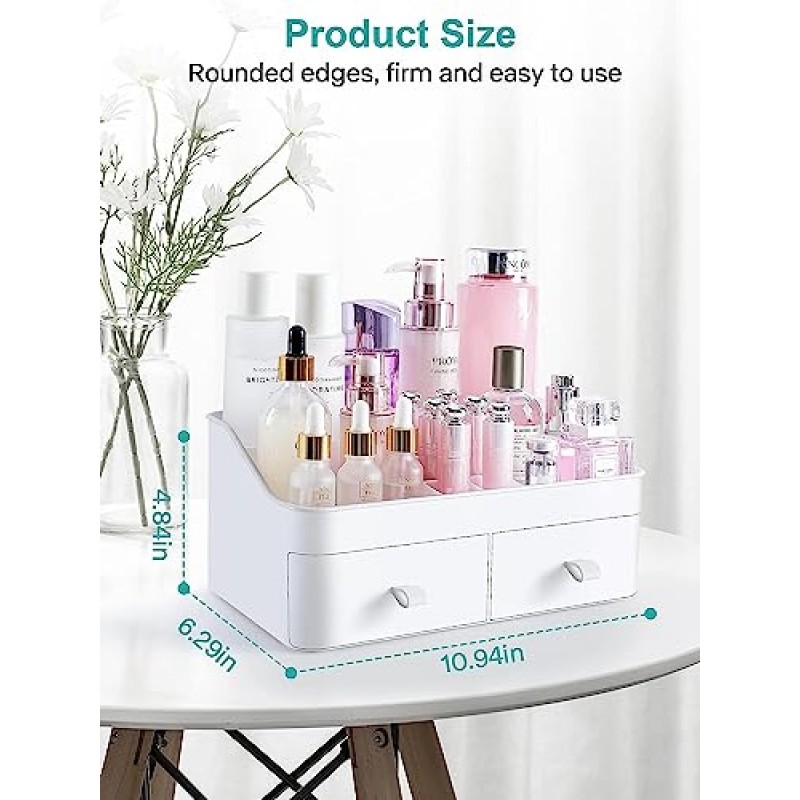 화장대용 메이크업 정리함, 서랍 2개가 있는 욕실 화장품 보관함, 로션용 스킨 케어 조리대 디스플레이 케이스 미용 헤어 제품 향수 아이섀도 립스틱 매니큐어 및 보석 등