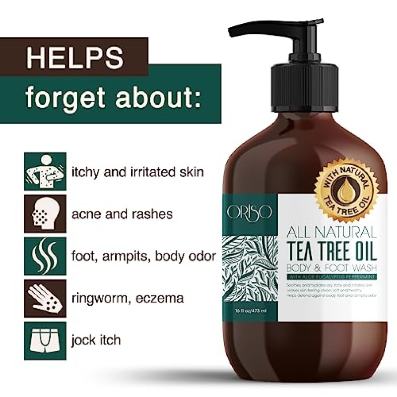 티 트리 오일 바디 워시 - 운동선수의 발, 백선, 가려움증, 여드름, 습진, 효모 감염, 체취, 가려운 피부에 도움 - 보습 알로에 함유 - 황산염 없음 - 16oz