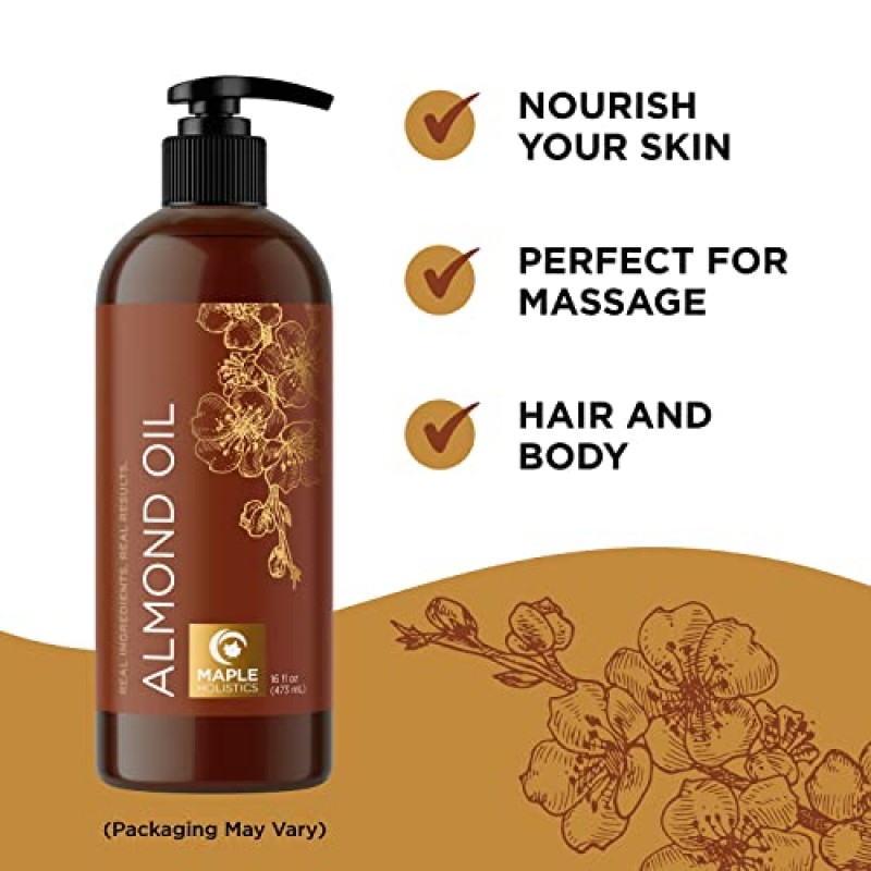 냉압착 스위트 아몬드 오일 - 남성과 여성을 위한 피부 관리 및 보습 바디 오일을 위한 퓨어 스위트 아몬드 오일 - 헤어 피부와 손톱용 에센셜 오일 혼합용 캐리어 오일 DIY 미용 제품 16온스