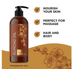 냉압착 스위트 아몬드 오일 - 남성과 여성을 위한 피부 관리 및 보습 바디 오일을 위한 퓨어 스위트 아몬드 오일 - 헤어 피부와 손톱용 에센셜 오일 혼합용 캐리어 오일 DIY 미용 제품 16온스