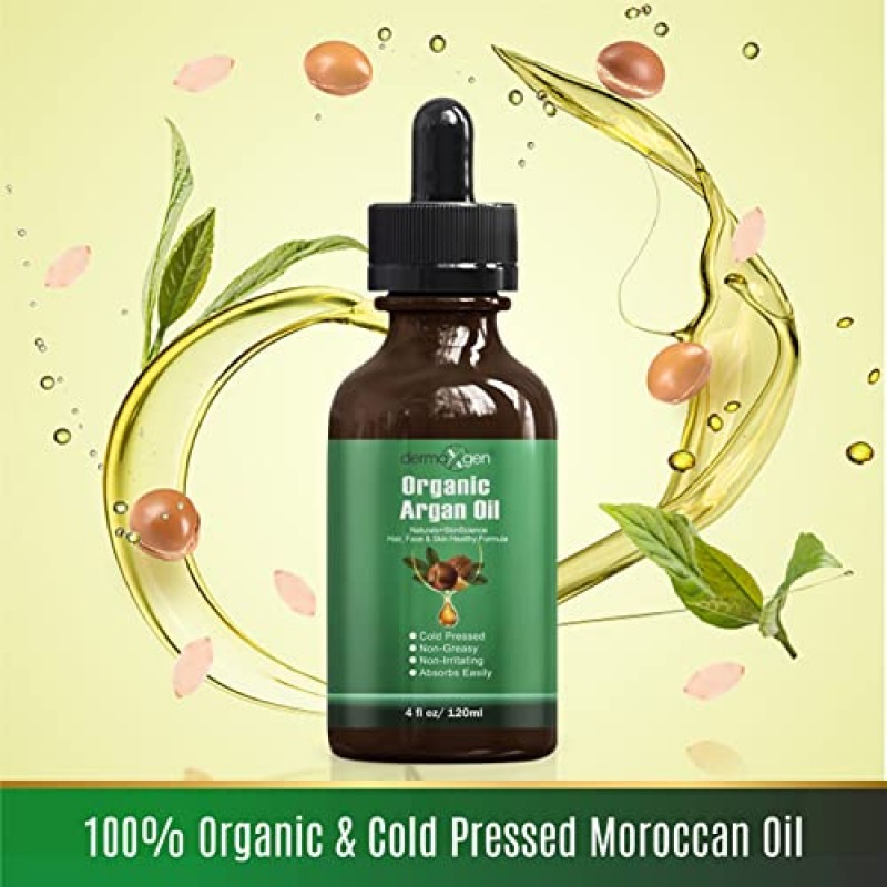 DERMAXGEN 아르간 오일 -100% 유기농 및 냉간 압착 모로코 오일 - 얼굴, 머리카락, 피부 및 손톱, 여드름 흉터, 주름 방지를 위한 노화 방지 보습 트리트먼트. (4FL OZ)