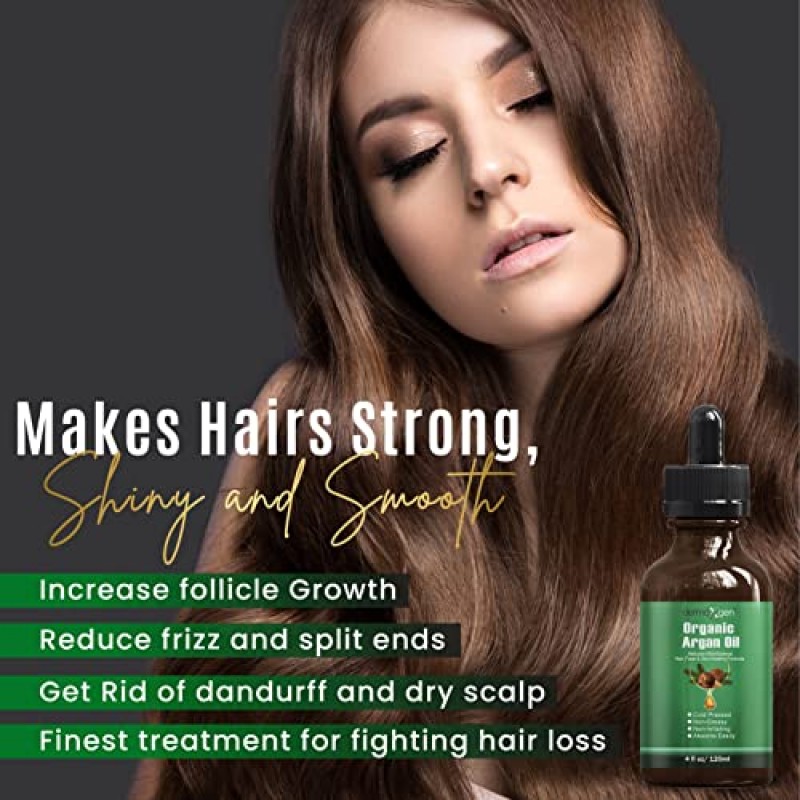 DERMAXGEN 아르간 오일 -100% 유기농 및 냉간 압착 모로코 오일 - 얼굴, 머리카락, 피부 및 손톱, 여드름 흉터, 주름 방지를 위한 노화 방지 보습 트리트먼트. (4FL OZ)