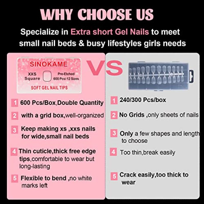 SINOKAME 600Pcs 여분의 짧은 XXS 정사각형 젤 네일 팁, 짧은 네일 침대용 작은 몸집이 작은 사전 에칭 풀 커버 가짜 손톱, 아크릴 손톱 확장의 접착제에 여분의 짧은 Squoval 클리어 프레스, 12 크기