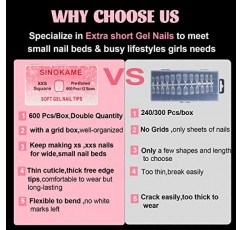 SINOKAME 600Pcs 여분의 짧은 XXS 정사각형 젤 네일 팁, 짧은 네일 침대용 작은 몸집이 작은 사전 에칭 풀 커버 가짜 손톱, 아크릴 손톱 확장의 접착제에 여분의 짧은 Squoval 클리어 프레스, 12 크기