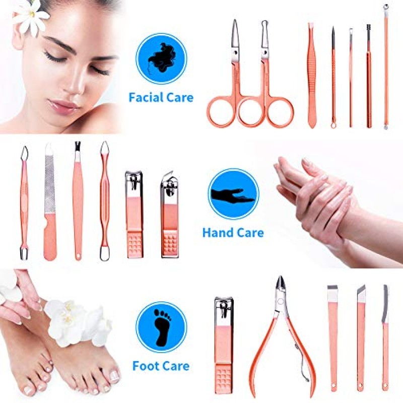 18 in 1 매니큐어 세트 - 여성용 매니큐어 키트 전문가용, 스테인레스 스틸 손톱깎이 세트, 네일 키트 그루밍 키트, 네일 케어 키트(여행용 케이스 포함) 핑크