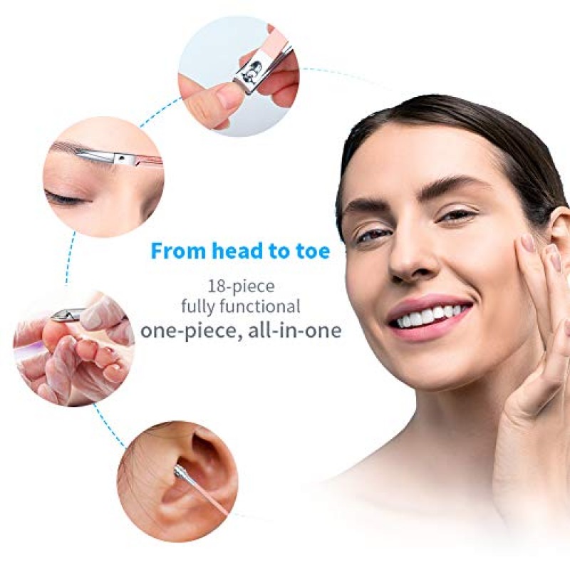 18 in 1 매니큐어 세트 - 여성용 매니큐어 키트 전문가용, 스테인레스 스틸 손톱깎이 세트, 네일 키트 그루밍 키트, 네일 케어 키트(여행용 케이스 포함) 핑크