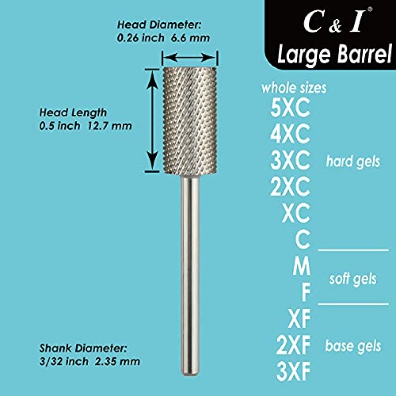 C & I 대형 배럴 네일 드릴 비트, 매니큐어 드릴 머신용 전문 전기 파일, 네일 젤 제거, 3/32