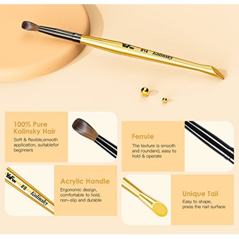 YaFex 100% Kolinsky 아크릴 네일 브러쉬: 크기 #6/8/10/12/14 아크릴 파우더 적용을 위한 타원형 아크릴 브러쉬 네일 연장, 손톱용 아크릴 브러쉬 전문 매니큐어 도구 DIY 홈 살롱(#14)