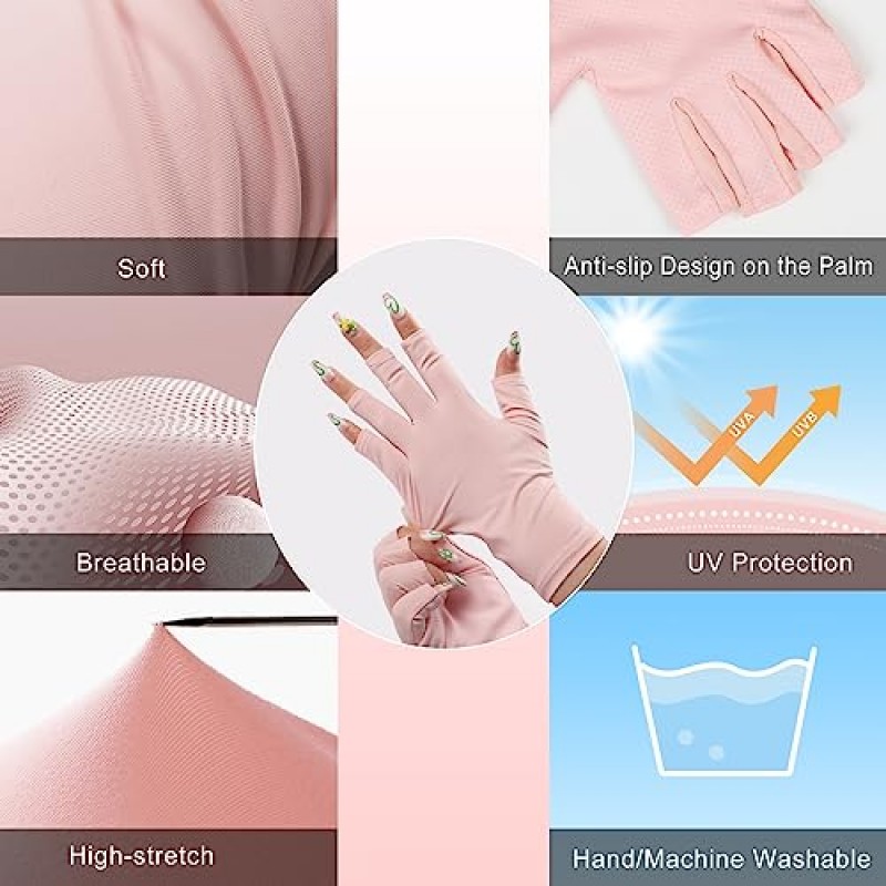 Yisinuoo 손톱용 UV 장갑, 2쌍 UPF50+ 자외선 차단 장갑 젤 네일 램프용 전문 UV 장갑 자외선 차단 장갑 네일 아트 스킨 케어 매니큐어 핑거리스 장갑 여성용