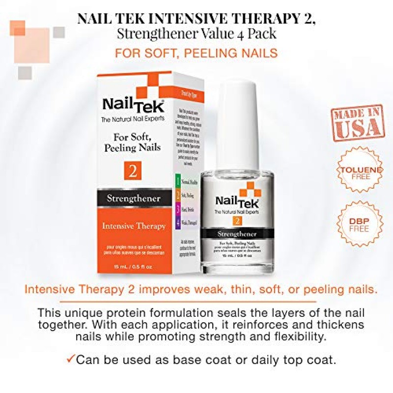 Nail Tek 인텐시브 테라피 2 - 약하고 얇고 부드러우며 벗겨지는 손톱용, 단백질 포뮬러 함유, 손톱 강화, 두꺼워짐, 힘과 유연성 촉진, 0.5온스 - 1팩