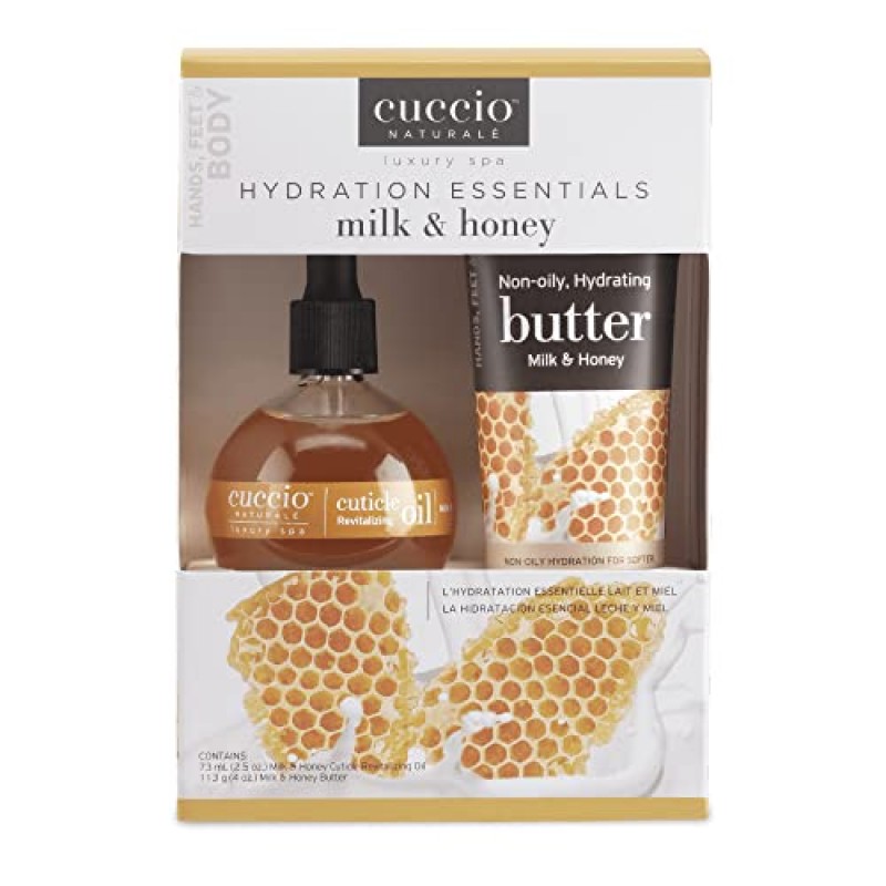 Cuccio Naturale 럭셔리 스파 하이드레이션 에센셜 세트 - 영양을 공급하는 수분 공급 - 피부를 진정시키고 부드럽게 해줍니다 - 편안한 느낌을 선사합니다 - 우유와 꿀 - 바디 버터와 큐티클 오일 2개