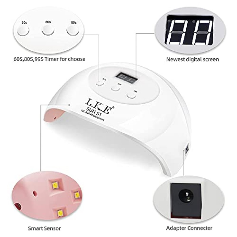 LKE UV LED 네일 램프, 네일 건조기 72W 젤 폴란드어 경화 램프 젤 매니큐어 키트 네일 아트 액세서리 화이트
