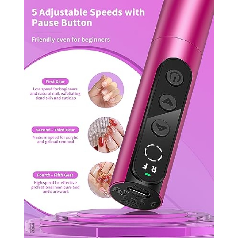 YBLNTEK 전기 네일 파일, 35,000 RPM 아크릴 젤 네일용 휴대용 전기 네일 드릴, 홈 살롱 매니큐어 및 페디큐어용 무선 네일 드릴, 레드