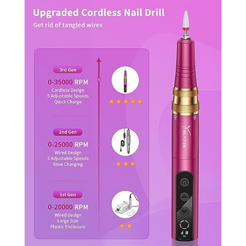 YBLNTEK 전기 네일 파일, 35,000 RPM 아크릴 젤 네일용 휴대용 전기 네일 드릴, 홈 살롱 매니큐어 및 페디큐어용 무선 네일 드릴, 레드