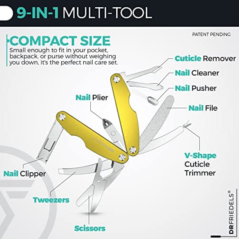 DRFRRIEDELS 컴팩트 매니큐어 및 페디큐어 세트 - 9-in-1 접이식 네일 키트 - 여행, 하이킹 및 EDC 멀티툴(일루미네이팅 옐로우)에 적합