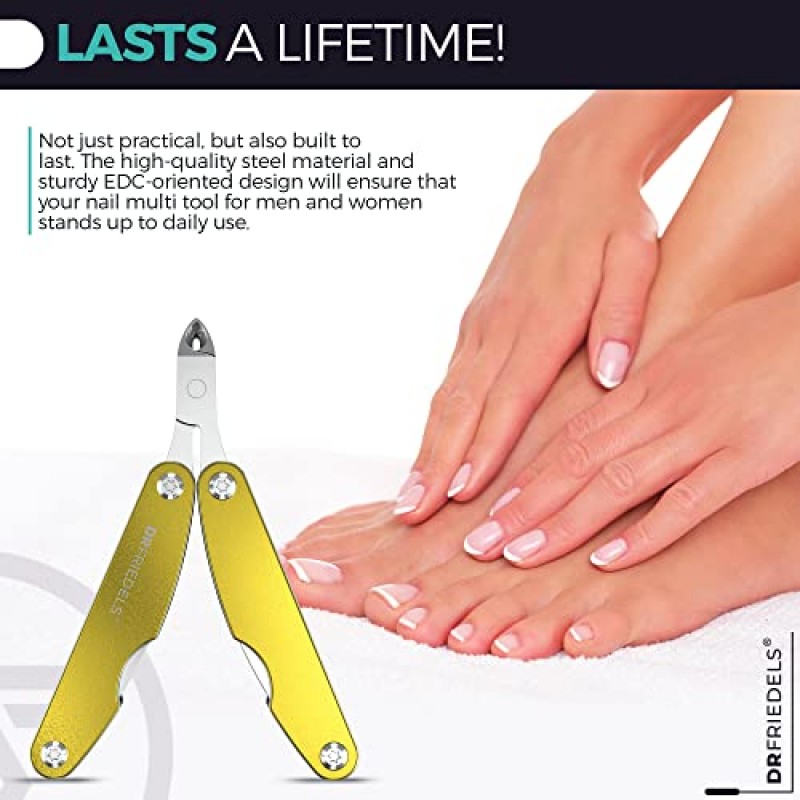 DRFRRIEDELS 컴팩트 매니큐어 및 페디큐어 세트 - 9-in-1 접이식 네일 키트 - 여행, 하이킹 및 EDC 멀티툴(일루미네이팅 옐로우)에 적합