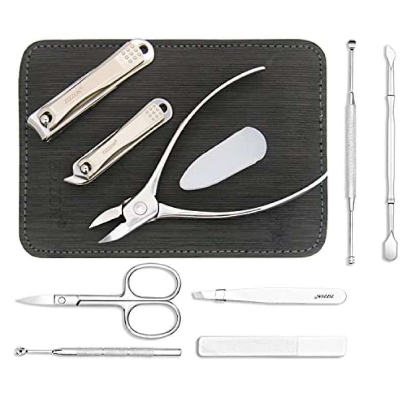 ZIZZON 매니큐어 세트 전문 스테인레스 스틸 발톱 및 손톱깎이 세트 9 in1 페디큐어 및 미용 키트(여행용 케이스 포함)(검은색)