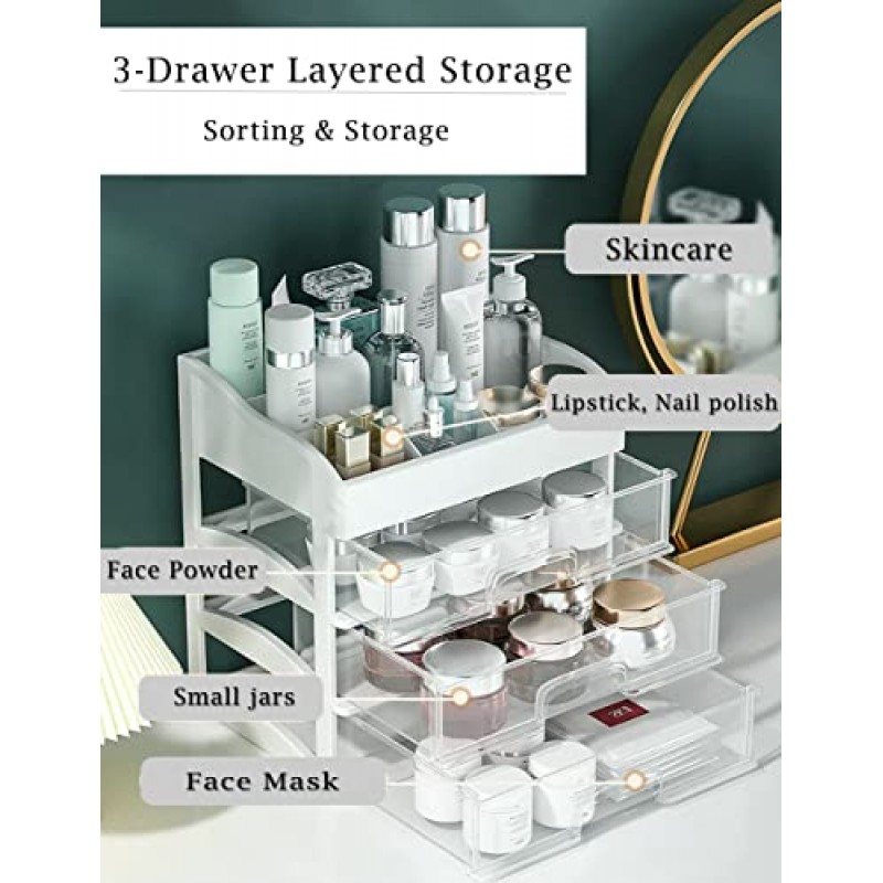 메이크업 정리함 및 보관함, 3개의 보관 서랍이 있는 대형 플라스틱 서랍 정리함, 스킨 케어 정리함 보석, 브러쉬, 립스틱, 매니큐어, 화장대용 화장품 정리함, 욕실 조리대