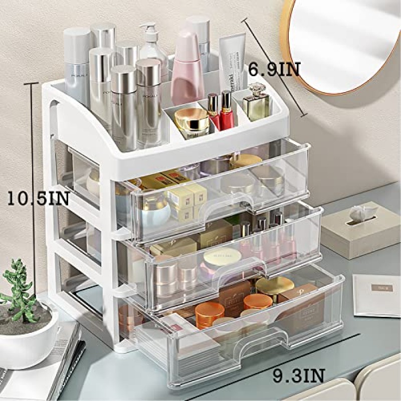 메이크업 정리함 및 보관함, 3개의 보관 서랍이 있는 대형 플라스틱 서랍 정리함, 스킨 케어 정리함 보석, 브러쉬, 립스틱, 매니큐어, 화장대용 화장품 정리함, 욕실 조리대