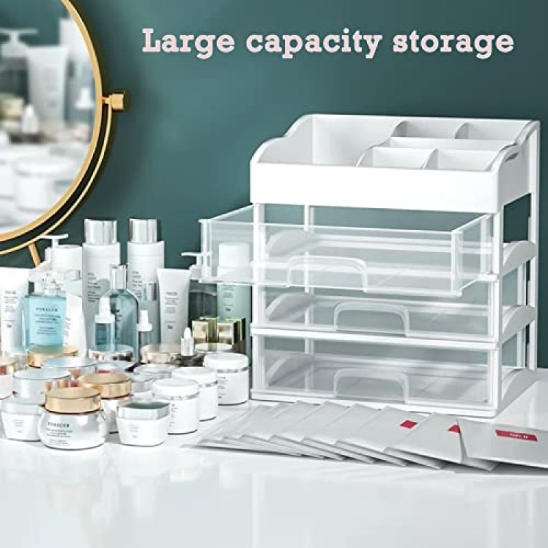 메이크업 정리함 및 보관함, 3개의 보관 서랍이 있는 대형 플라스틱 서랍 정리함, 스킨 케어 정리함 보석, 브러쉬, 립스틱, 매니큐어, 화장대용 화장품 정리함, 욕실 조리대