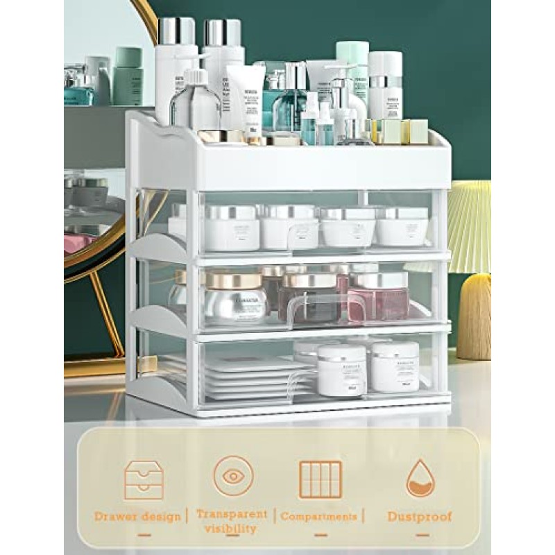 메이크업 정리함 및 보관함, 3개의 보관 서랍이 있는 대형 플라스틱 서랍 정리함, 스킨 케어 정리함 보석, 브러쉬, 립스틱, 매니큐어, 화장대용 화장품 정리함, 욕실 조리대